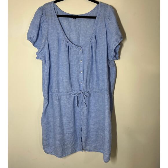 Lands' End Linen Dress Size 3X (24W-26W) Blue Tie Waist Puff Sleeves Round Neck - Picture 1 of 11
